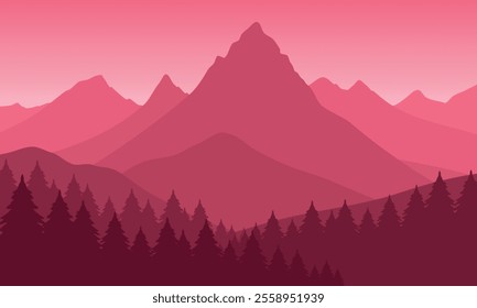 Vector red mountain landscape with clean sky, calm river and pine trees silhouettes
