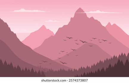 Vector red mountain landscape with clean sky, calm river, birds flying and pine trees silhouettes
