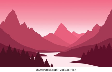 Vector red mountain landscape with clean sky, calm river and pine trees silhouettes