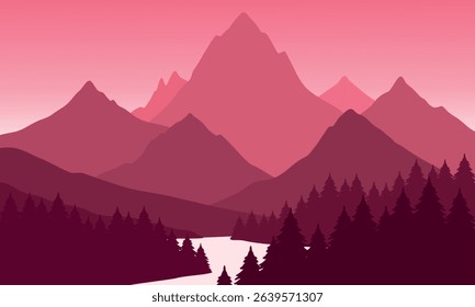 Vector red mountain landscape with clean sky, calm river and pine trees silhouettes