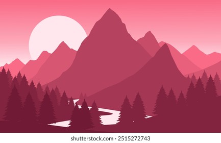 Vector red mountain landscape with clear sky, sunset behind the mountains and silhouettes of trees and calm lake water