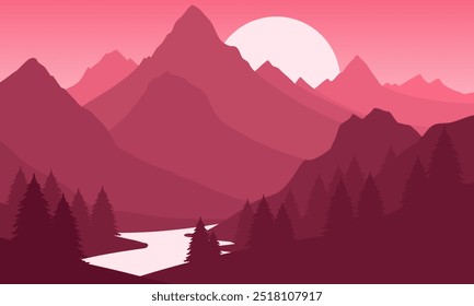 Vector red mountain landscape with clear sky, sunset behind the mountains and silhouettes of trees and calm lake water