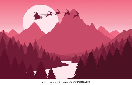 Vector red mountain landscape with clear sky, santa claus, christmas, sunset behind the mountains and silhouettes of trees and calm lake water