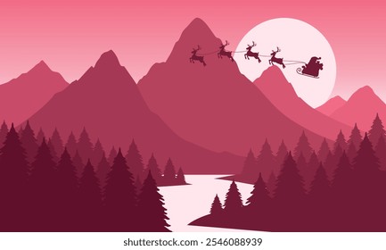 Vetor vermelho paisagem de montanha com céu claro, Papai Noel, Natal, pôr do sol atrás das montanhas e silhuetas de árvores e água lago calma