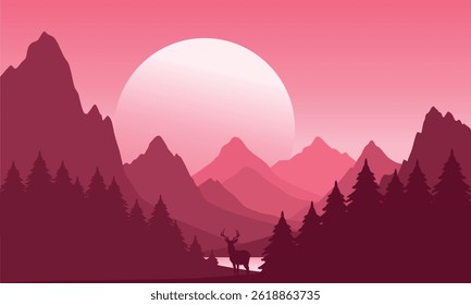 Vector red mountain landscape with clear sky, sunset behind the mountains and silhouettes of trees and calm lake water