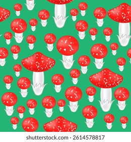 Vector Red Mushroom Seamless Pattern on Green Background.