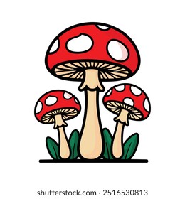 Vector Red Mushrooms Design, Amanita in the grass, nature plant cartoon style vector illustration isolated white background