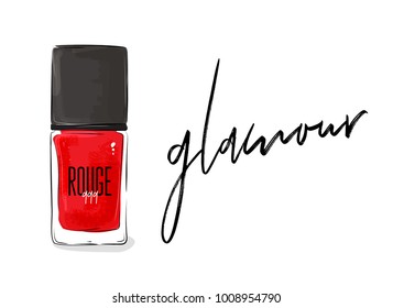 Vector red nail polish bottle. Beauty cosmetics red liquid glamour poster. Woman fashion illustration. Nailpolish makeup sketch. Rouge 999 cool modern decoration