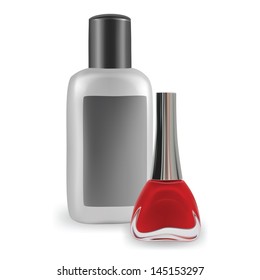 vector red nail polish  and a white plastic bottle  nail remover isolated