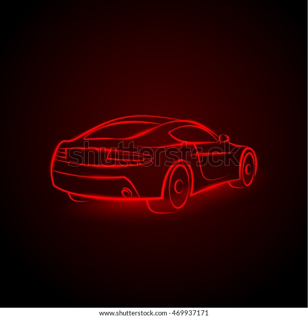 Vector red neon car. Linear auto illustration\
on a black background.