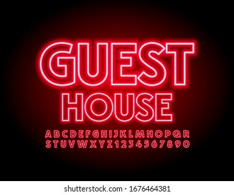 Vector red neon emblem Guest House with electric Font. Glowing Alphabet Letters and Numbers
