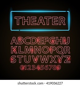 Vector red neon lamp letters font show cinema or theather