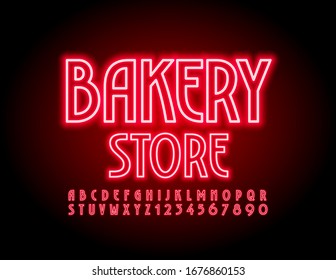 Vector red neon logo Bakery Store with electric Font in retro style. Trendy glowing Alphabet Letters and Numbers