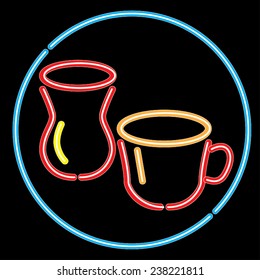 Vector red neon signs of coffee and tea with in a blue circle. 