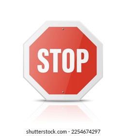 Vector Red Octagonal Glossy Prohibition Stop Sign - Warning, Danger Sign Frame Icon with Reflection Closeup Isolated on White Background. Dangerous Plate Design Template of Road Sign, Front View