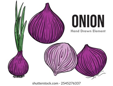 Vector red onion design with several shapes. purple and white background. Suitable for food menu design, packaging ornaments and others