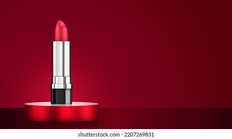 Tubo de lápiz labial abierto rojo vectorial en el podio premium redondo. Lujosas mujeres maquillaje fondo de presentación. Cartel de anuncios cosméticos realistas en 3D. Las chicas de belleza se enfrentan a una burla por su cuidado. Afiche publicitario brillante de lápiz labial