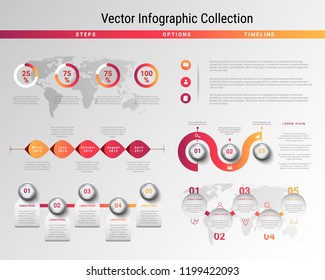 Vector red and orange colored infographic collection with option or step diagrams and charts, timelines and icons for brochure, report or presentation