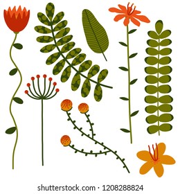 Vector red and orange flowers and green leafs set