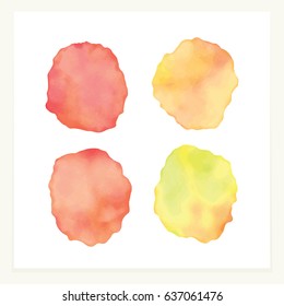 Vector red, orange and yellow watercolor spots. Stained petals. Hand painted circles collection.