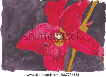 Vector Red Orchid floral. Red engraved ink art. Isolated orcids illustration element on gray background.