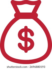 Ícone de contorno vermelho vetorial de uma bolsa de dinheiro com um sinal de dólar  