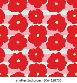 Vector Red oversized florals pattern design, inspired by Marimekko. Bold Florals on Stripes background. Perfect for fashion, textiles, wallpaper, stationary, scrapbooking, product packaging and gift