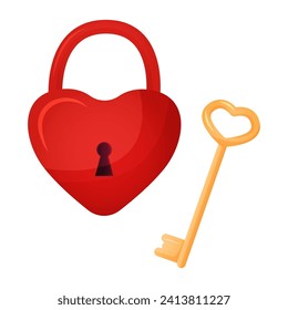 Vector red padlock heart shapes with gold key isolated on white background. Valentines day design elements for greeting card illustration