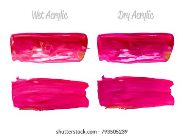 Vector red paint smear stroke stain set. Abstract pink glittering textured art illustration. Acrylic Texture Paint Stain Illustration. Hand drawn brush strokes vector elements. Acrilyc strokes.
