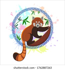 Vector red panda on a branch. Small panda on a background of colored blots and surrounded by Tibetan and Chinese ornaments. Fabric design for wearing fashionable clothes.