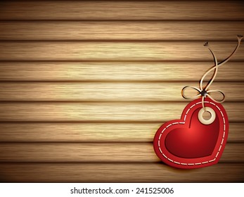 Vector Red Paper Heart Shaped Tag on Textured Wooden Background with Space for Text