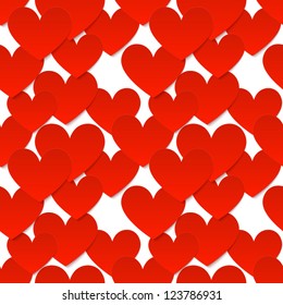 Vector red paper hearts seamless pattern on white background