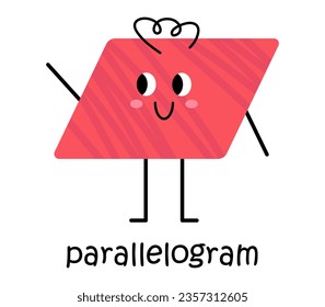 Vector red parallelogram character. Cute geometric figure with face and blush. Illustration with parallelogram text for school and kindergarten. Cute funny parallelogram shape character for kids.