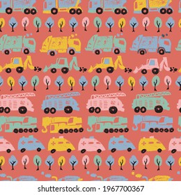 Vector red pastel pen skech rows of cute cement trucks transport vehicles seamless pattern with trees. Suitable for textile, gift wrap and wallpaper.