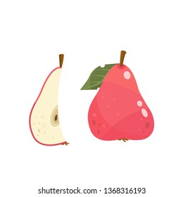 Vector red pear with leaves. Cartoon fruits set. Vegan, diet food.