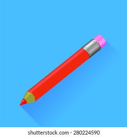 Vector Red Pencil Isolated on Blue Background. Long Shadow.