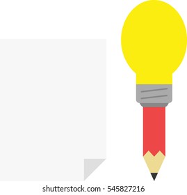 Vector red pencil with yellow light bulb tip with blank paper.