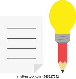 Vector red pencil with yellow light bulb tip with lined paper.