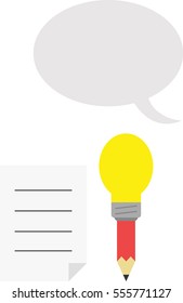 Vector red pencil with yellow light bulb tip with lined paper and grey speech bubble.