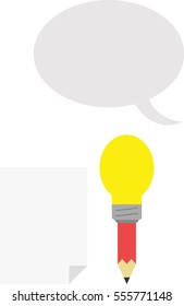 Vector red pencil with yellow light bulb tip with blank paper and grey speech bubble.