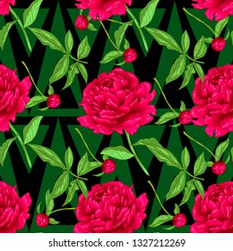 Vector red peony floral botanical flowers. Wild spring leaf wildflower isolated. Engraved ink art. Seamless background pattern. Fabric wallpaper print texture.