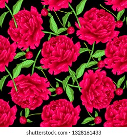 Vector red peony floral botanical flowers. Wild spring leaf wildflower isolated. Engraved ink art. Seamless background pattern. Fabric wallpaper print texture.