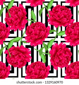 Vector red peony floral botanical flowers. Wild spring leaf wildflower isolated. Engraved ink art. Seamless background pattern. Fabric wallpaper print texture.