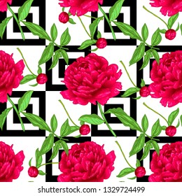 Vector red peony floral botanical flowers. Wild spring leaf wildflower isolated. Engraved ink art. Seamless background pattern. Fabric wallpaper print texture.