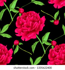 Vector red peony floral botanical flowers. Wild spring leaf wildflower isolated. Engraved ink art. Seamless background pattern. Fabric wallpaper print texture.