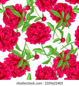 Vector red peony floral botanical flowers. Wild spring leaf wildflower isolated. Engraved ink art. Seamless background pattern. Fabric wallpaper print texture.