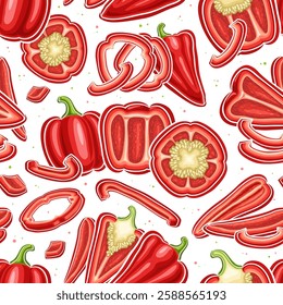 Vector Red Pepper Seamless Pattern, square background with flying cartoon sweet peppers with seeds, placard with group of flat lay strip parts and cross section red bell peppers on white background