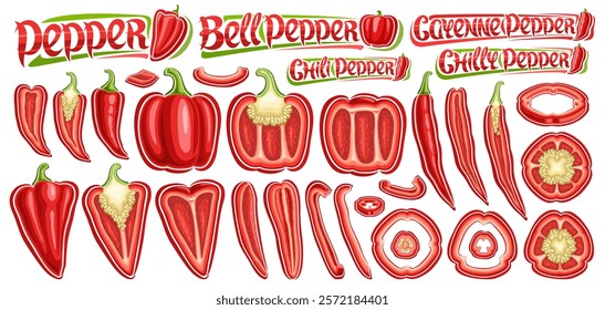 Vector Red Pepper Set, lot collection of cut out outline illustrations of different sweet and spicy peppers with seeds, group of whole and chopped parts of various red bell peppers on white background