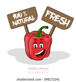 Vector red Pepper with stylized cartoon look, with face and signs (natural and sale)