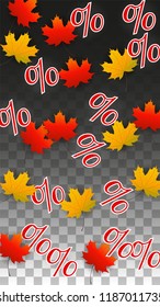 Vector Red Percentage Sign Confetti on Transparent. Percent Sale Background. Business, Economics, Finance Print. Discount Illustration. Promotion Poster. Black Friday Banner. Special offer Template.